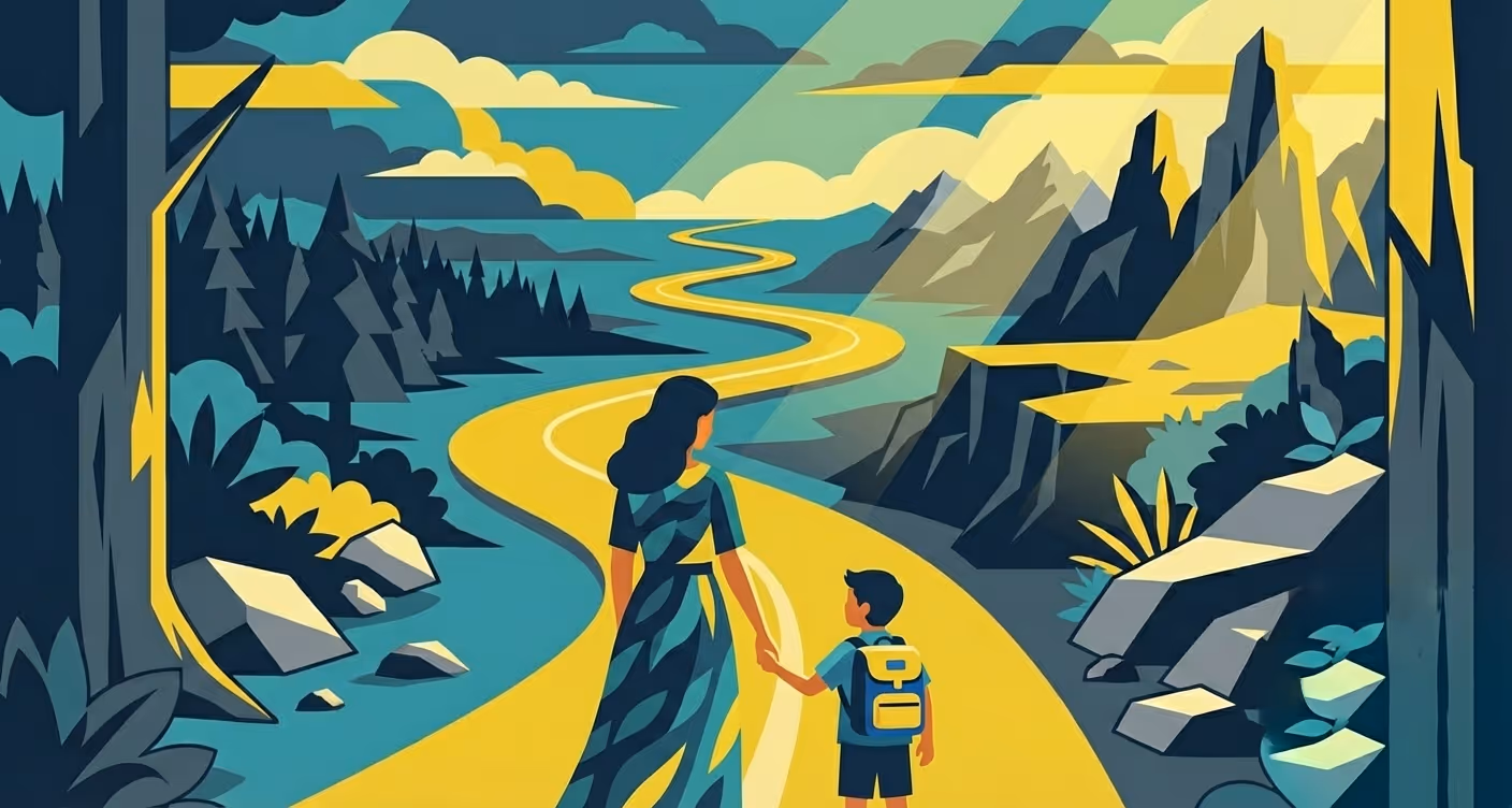 Illustration of a woman and child holding hands walking along a winding yellow path through a forest toward distant mountains.