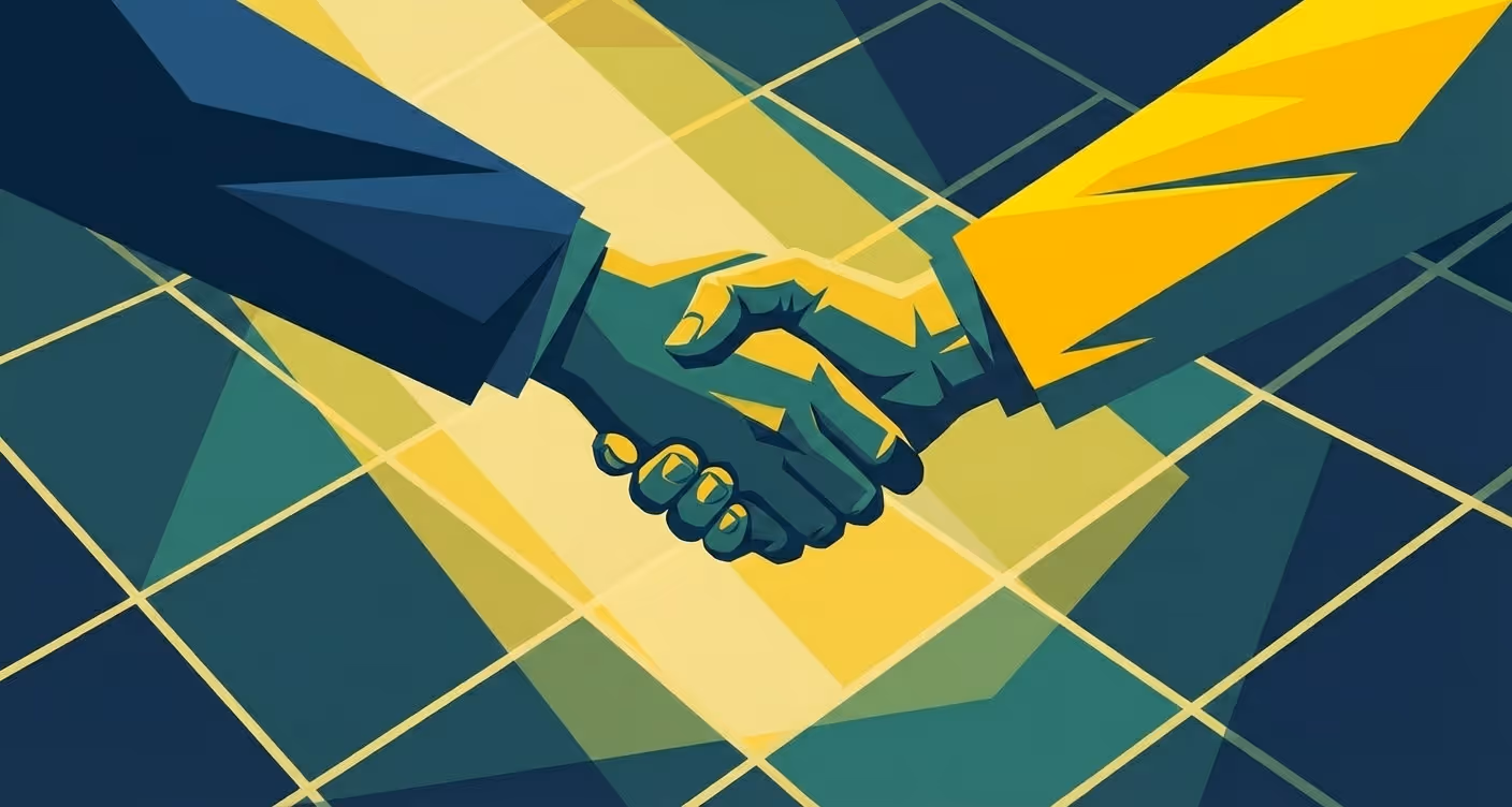Illustration of two hands shaking over a geometric patterned background in shades of yellow, green, and blue.