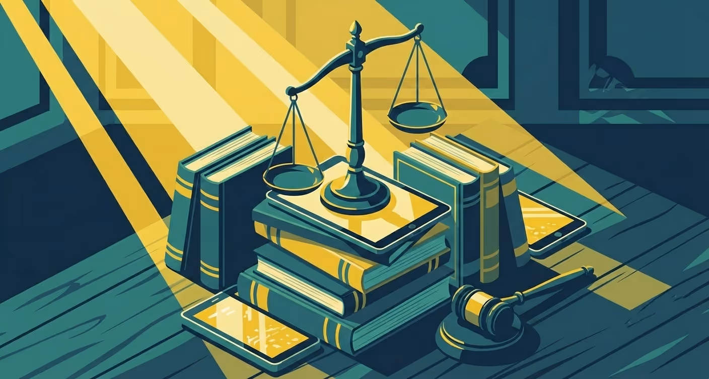 Illustration of a balance scale atop stacked books and tablets with a gavel on a wooden table under beams of light.