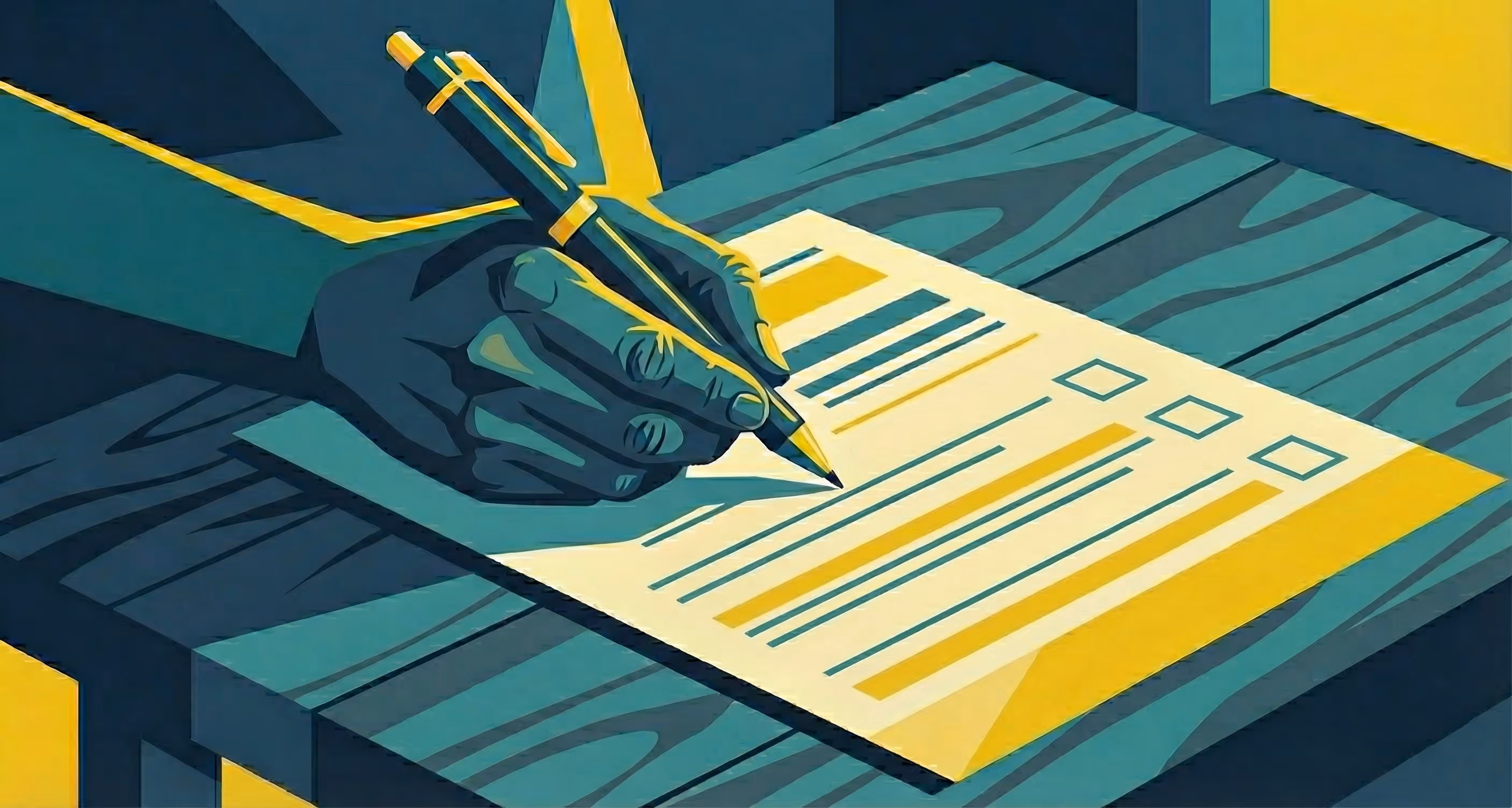 Illustration of a hand holding a pen and filling out a form with checkboxes on a wooden table.
