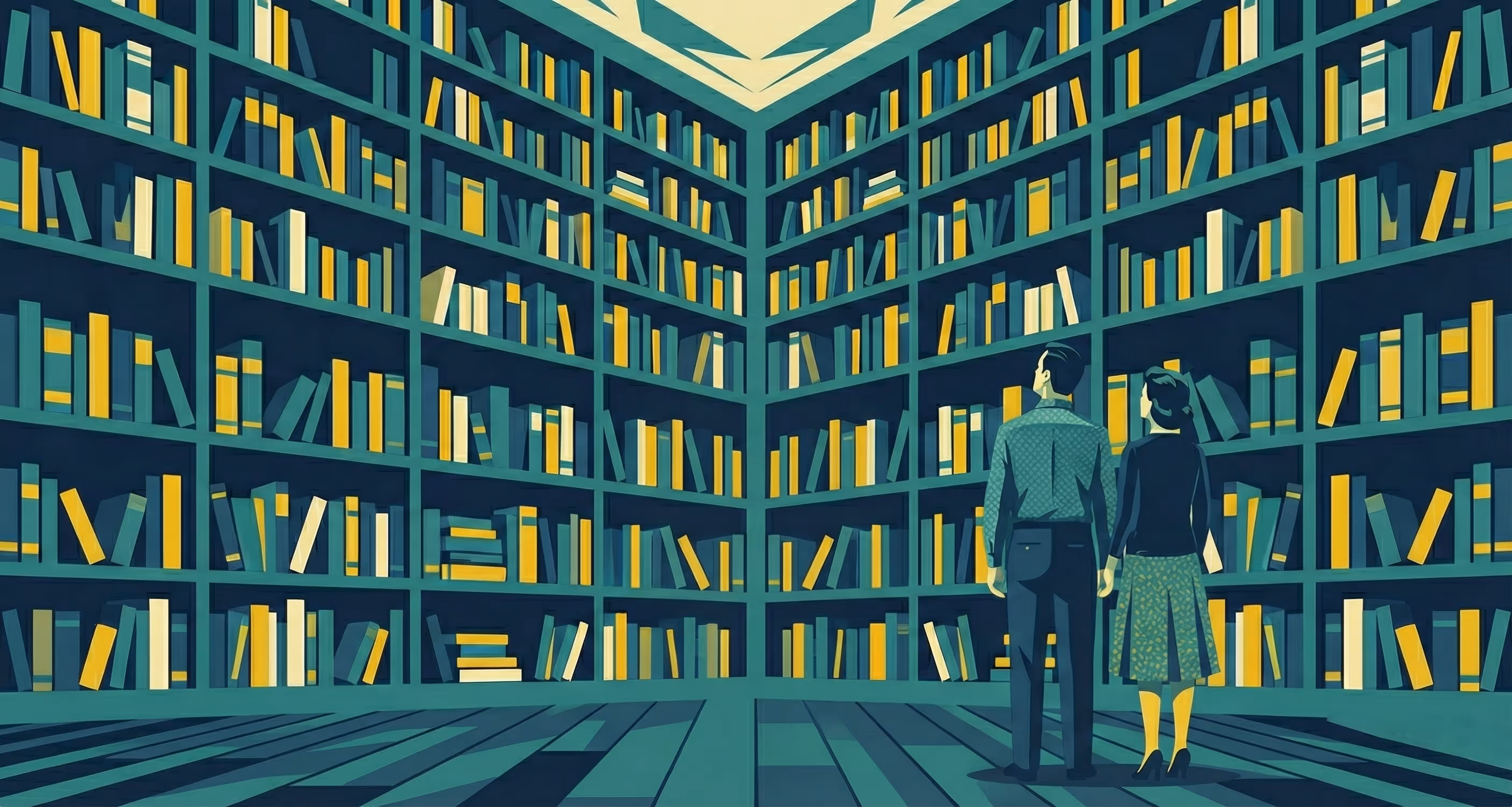 Illustration of a man and woman standing in a large, dimly lit library with tall bookshelves filled with books.