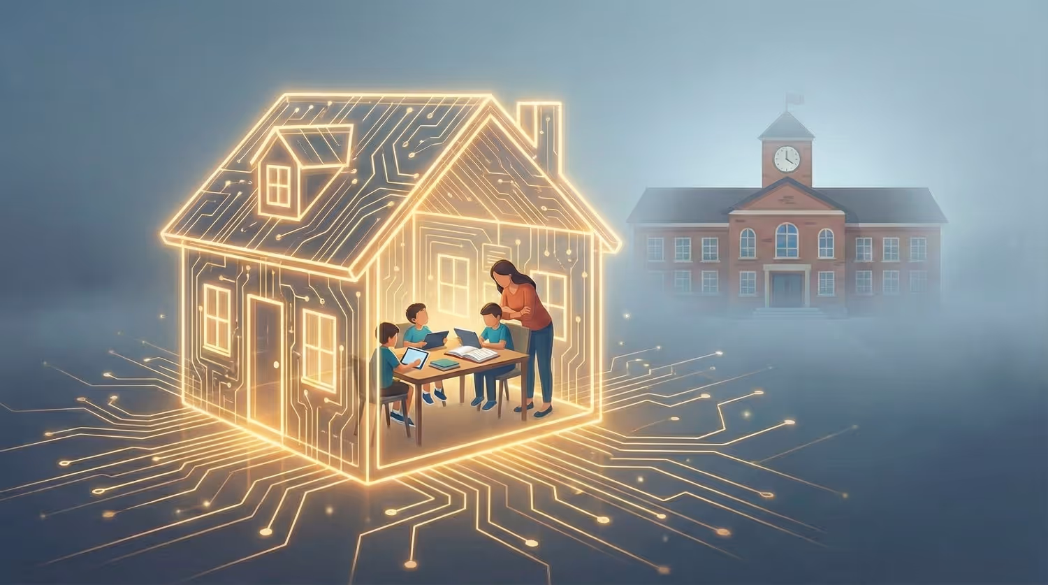 Illustration of a glowing digital house with children learning on tablets and a laptop inside, symbolizing online homeschooling, with a traditional school building in the background.