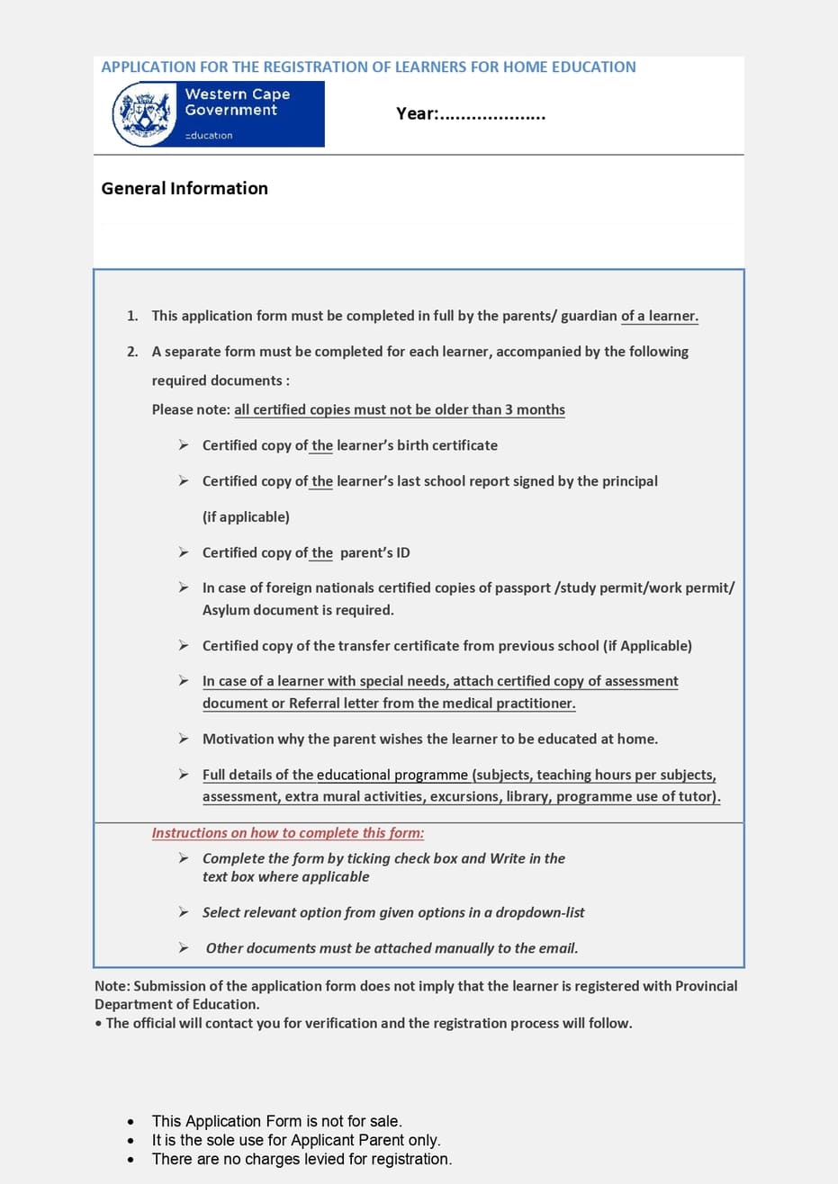 Sample page 1 of Western Cape home education application form from the Department of Basic Education.